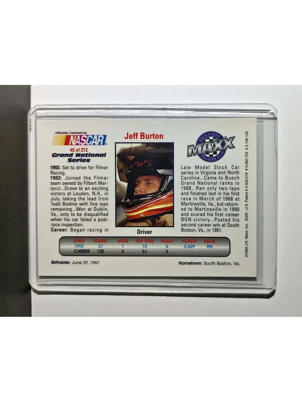Jeff Burton 1993 Maxx Premier Plus Racing #45 NASCAR Card FILMAR Racing